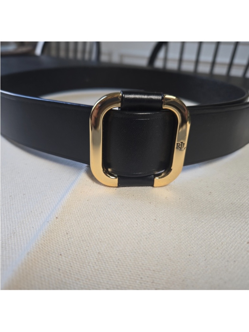 Ralph Lauren Black Leather Belt with Gold Tone Hardware